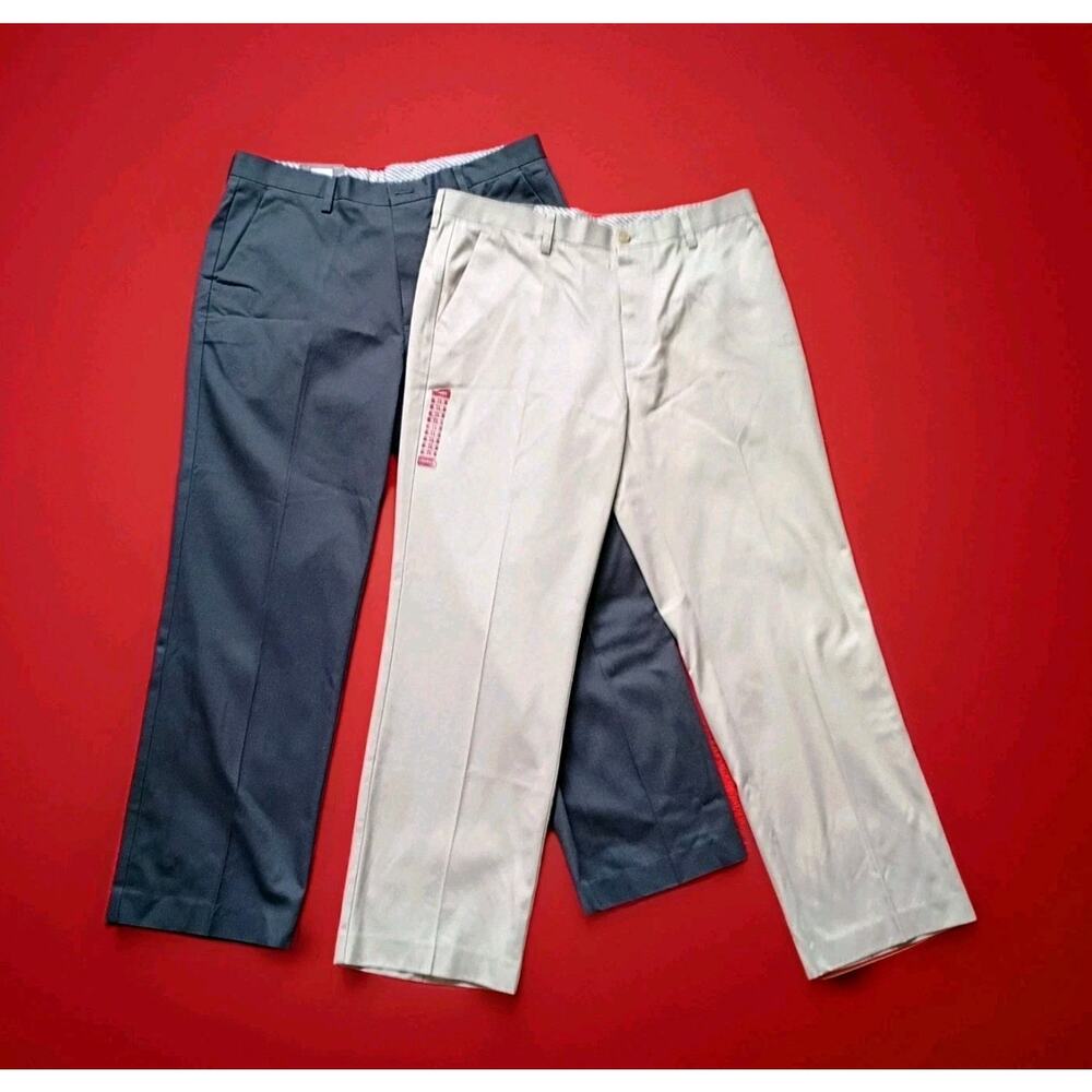 Mens Dress Pants Trousers Never Iron Beige Grey Lot Of 2 Size 36x30 Denver Hayes